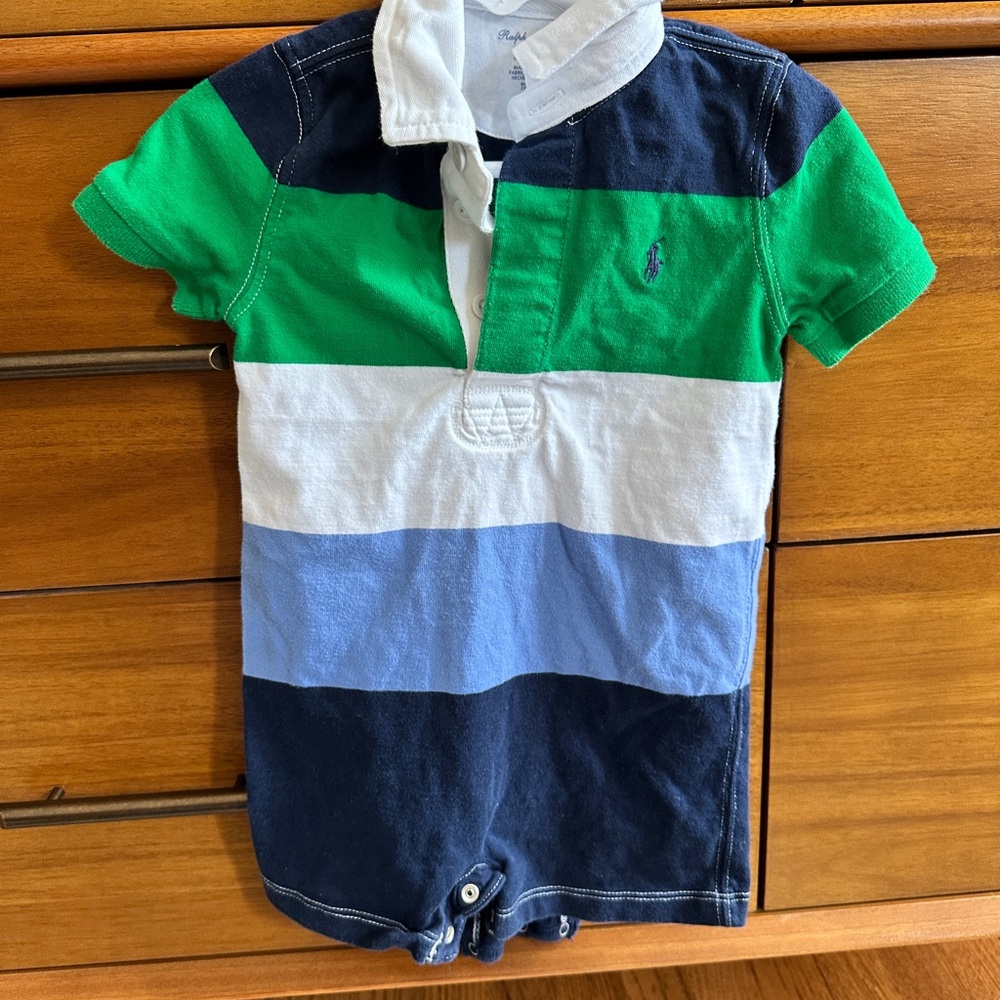 Ralph Lauren Boys Striped Cotton Rugby Shortall, Onesie, size 12 mos